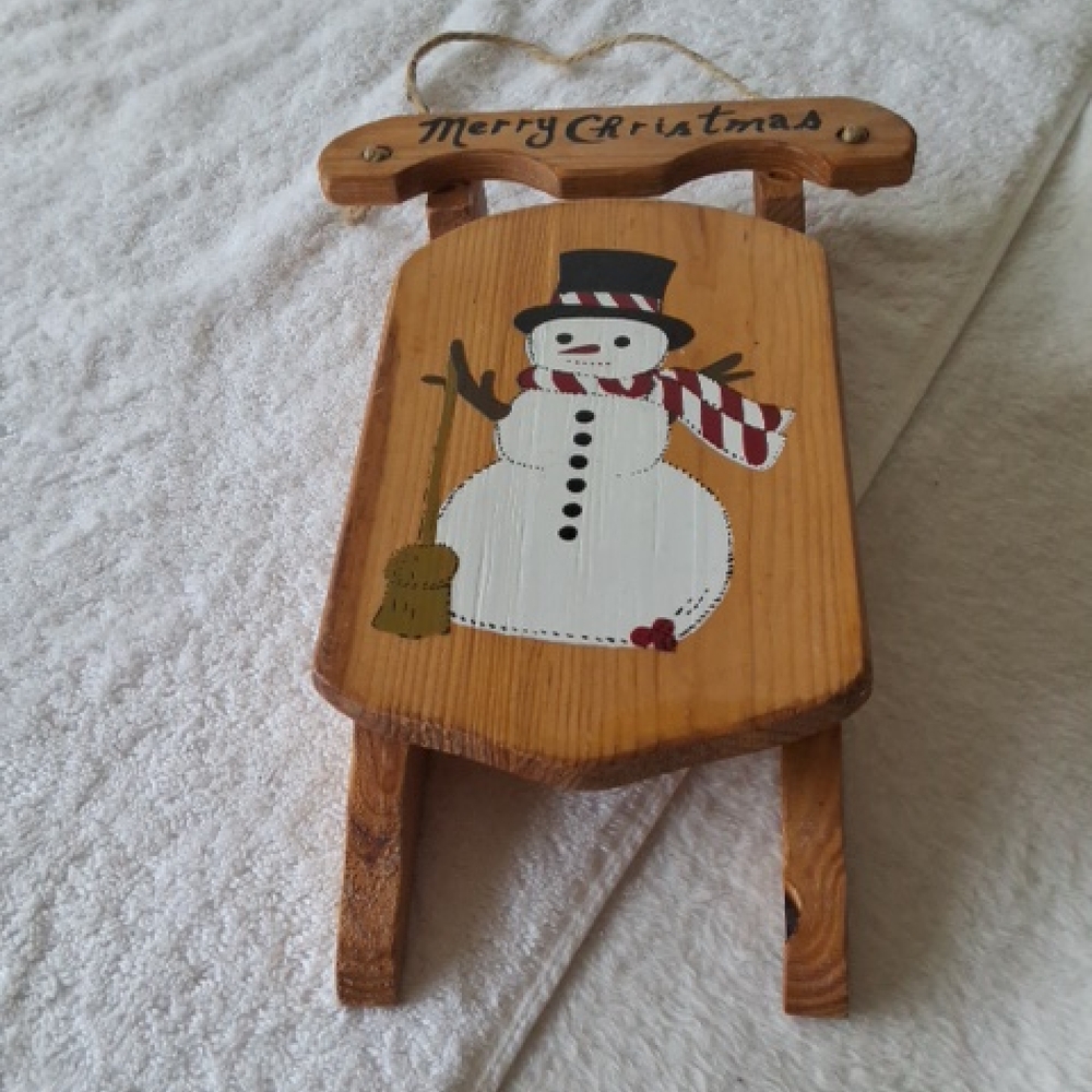 Merry Christmas  With Painted Snowman And  Broom Decrative Wooden Sled